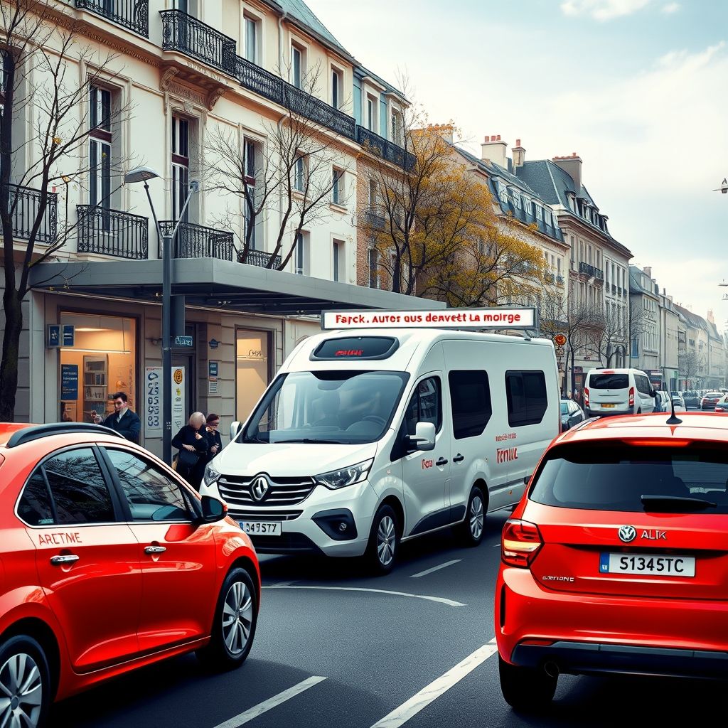 service automobile moderne en France avec véhicules élégants et fond urbain